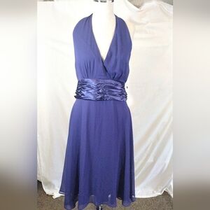 Dressbarn TAG Halter Dress, midi, Blue Satin Waist with Tie, Lined, V-Neck, 12